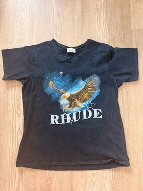 Rhude Black Tee with Blue & Gold Eagle Graphic
